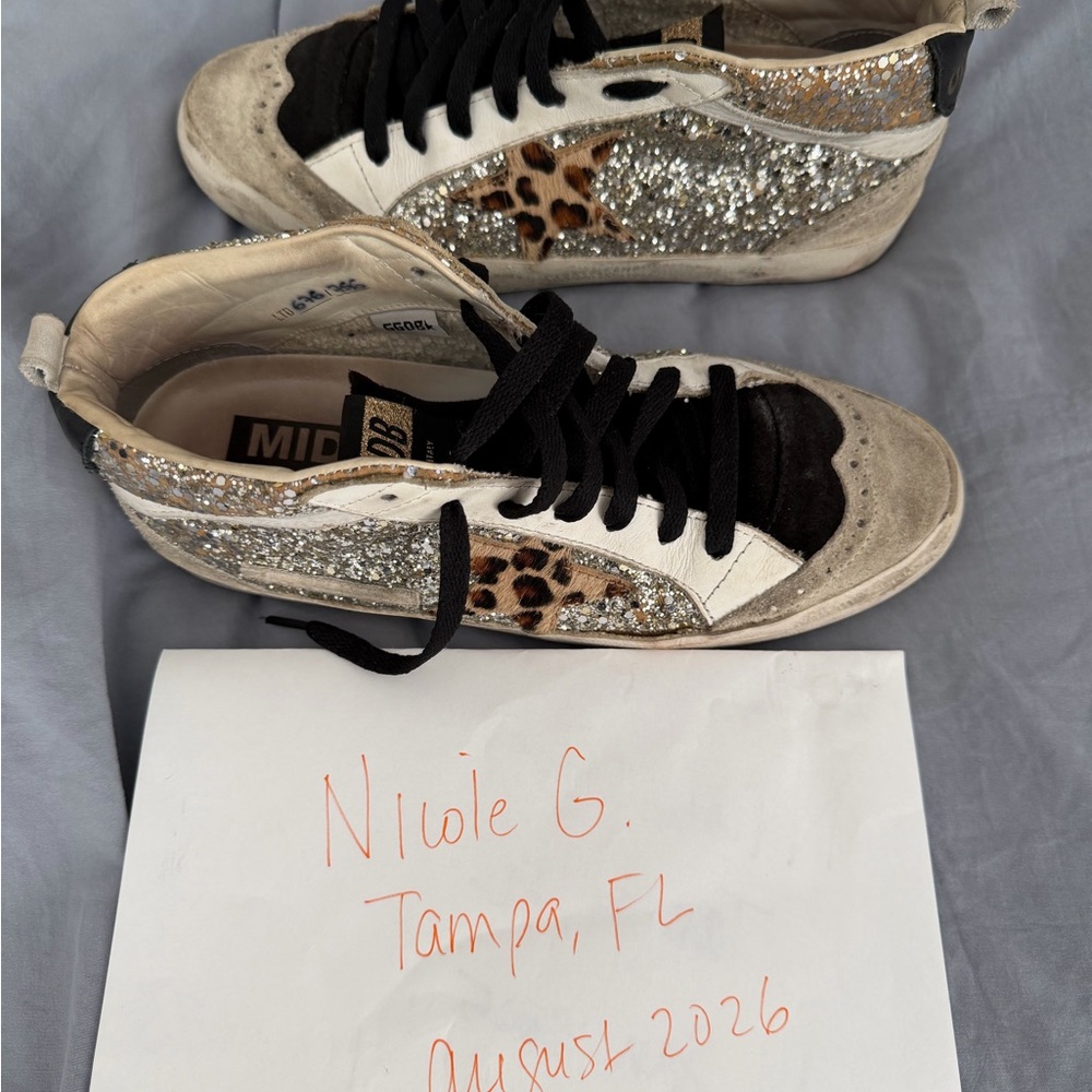 Golden Goose Mid-Top Glitter & Leopard Accent Sneakers - Silver/Black/White/Tan